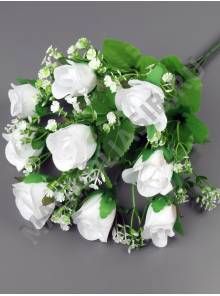 Букет бутонов роз с гипсофилой 9 групп 38см (бел син крас сир фиол роз жел)